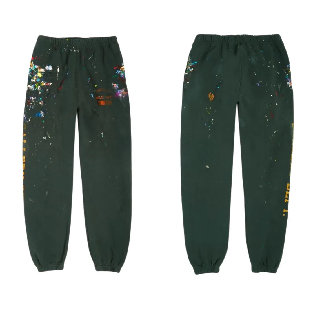 GALLERY DEPT. GD PROPERTY OF SWEATPANTS splashed ink, washed and distressed sweatpants, dark green S-XL, heavy wash and distressed, handmade acrylic splashed ink graffiti, perfect top restoration